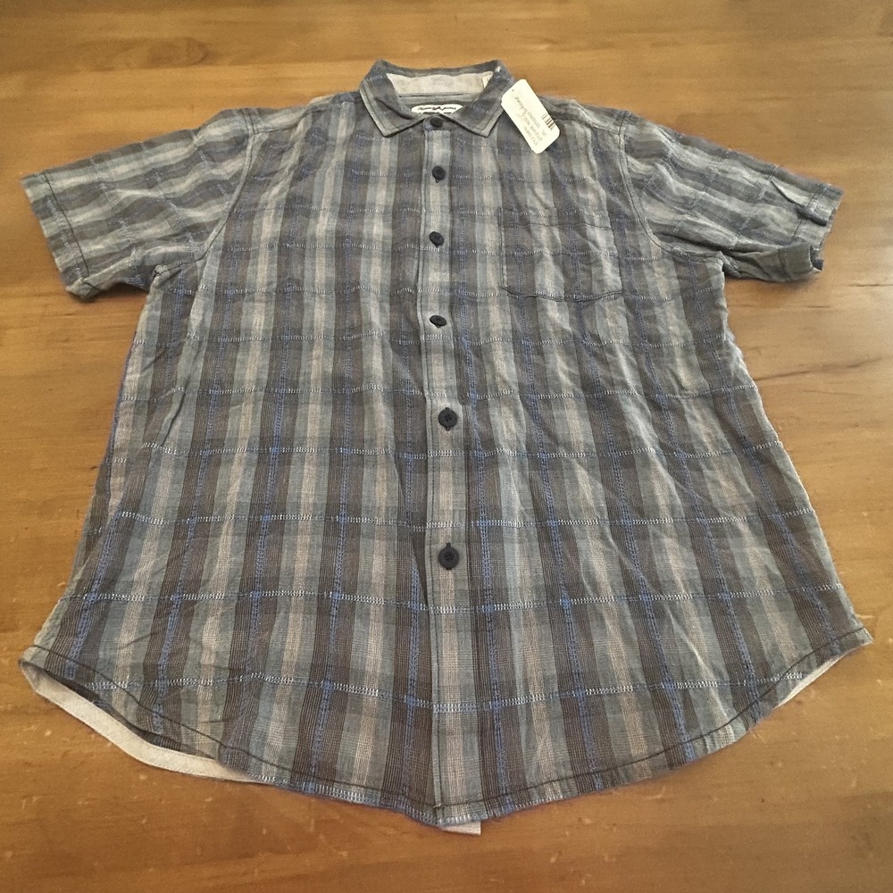 Tommy Bahama Shirt Mens Medium Blue Gray Plaid Sport Tailgater Polo Lightweight